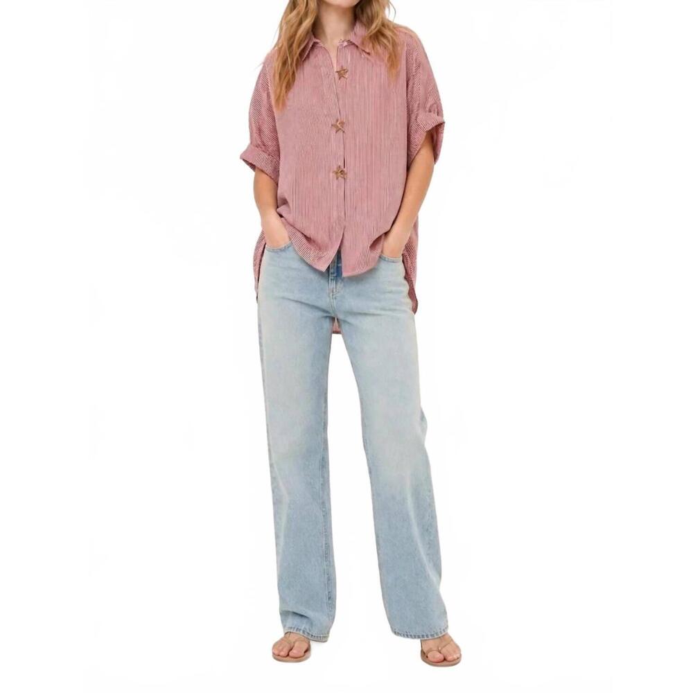 NEW Q2 oversized striped poplin blouse with starfish buttons in red
